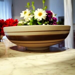 Vtg Haeger # 0672 Fruit Vegetable Salad Bowl Dish Beige Brown Stripes 10 1/4"